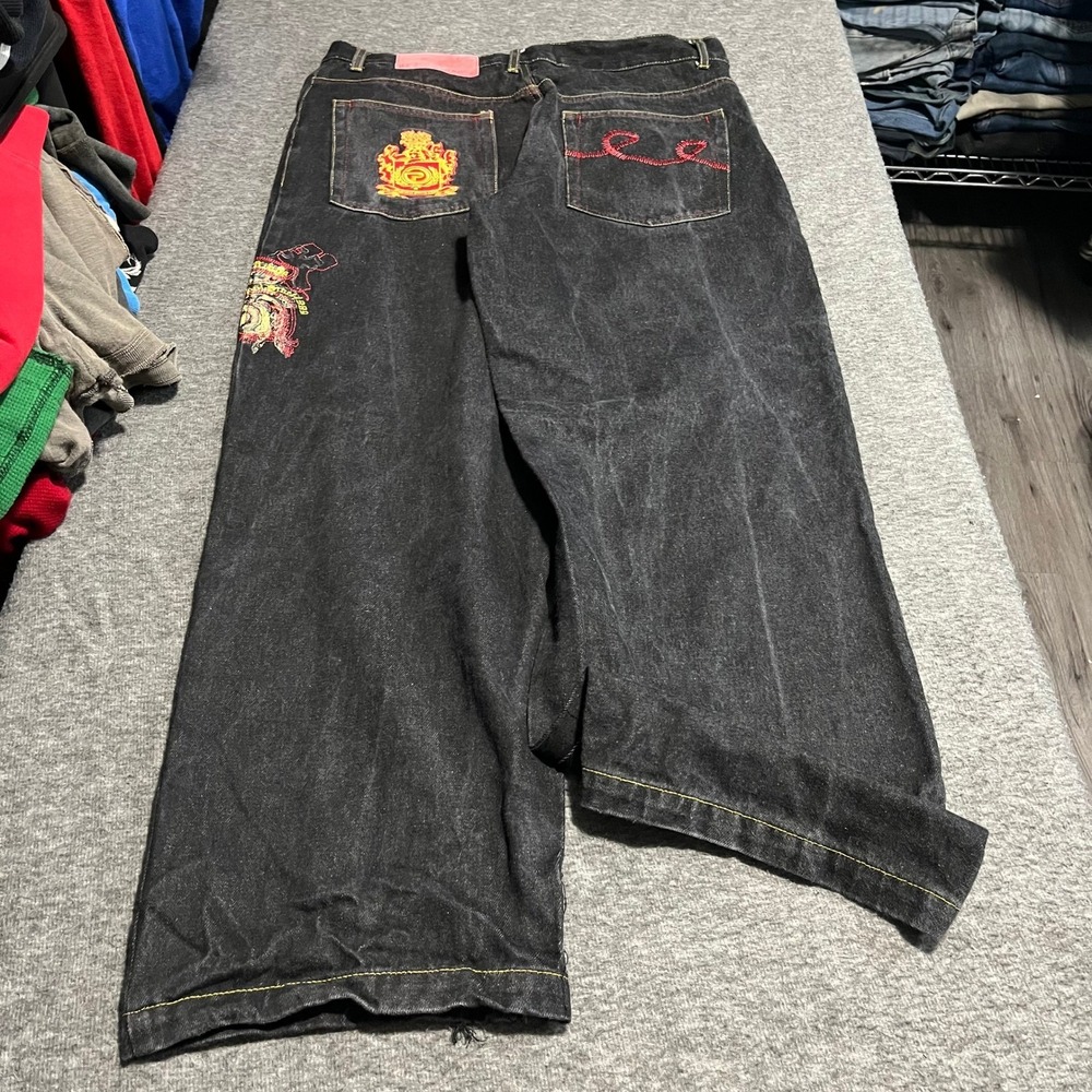 P Miller Mens 38 Baggy Wide Leg Jeans Black Embroidered Y2K Streetwear Hip Hop